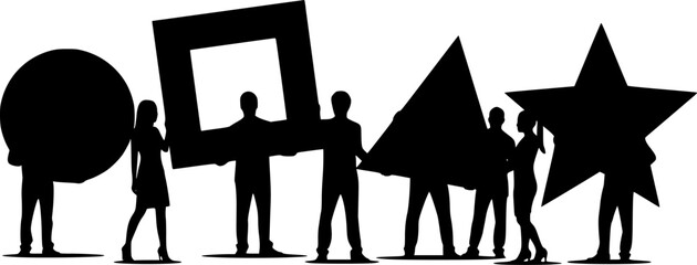 Diverse Team Silhouette Holding Geometric Shapes - Minimalist Vector Set