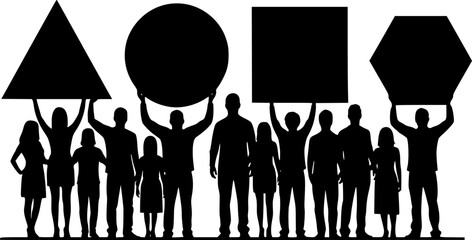 Diverse Team Silhouette Holding Geometric Shapes - Minimalist Vector Set