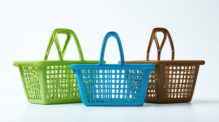 Three colorful plastic shopping baskets: green, blue, and brown isolated on white background, essential for market