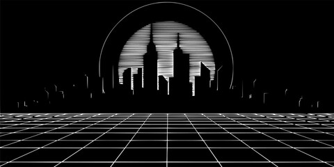 Retro-Futuristic City Skyline Silhouette - Time Warp 80s Vector