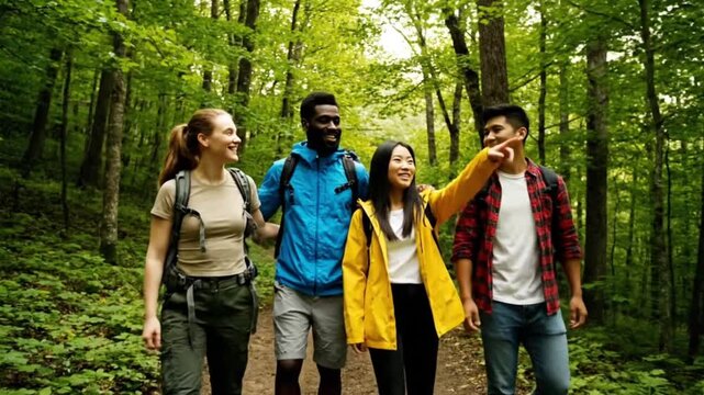 A diverse group of friends hikes together through a vibrant green forest, enjoying their outdoor journey.