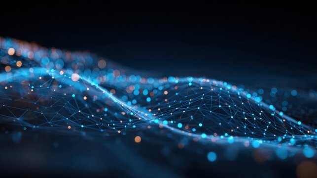 Abstract Data Stream Visualization with Connected Dots and Lines on a Dark Blue Background