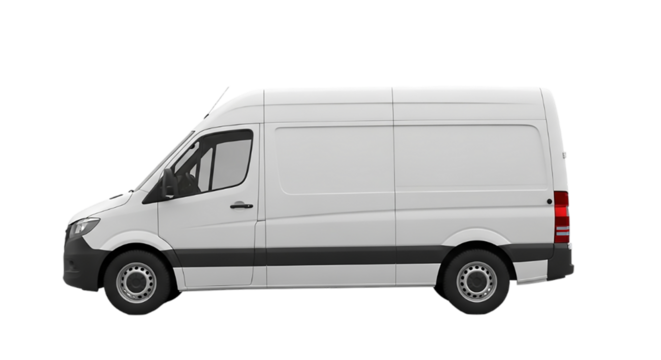 White Delivery Van Mockup Truck Transportation Vehicle Fleet Cargo Service Side View Design on transparent background