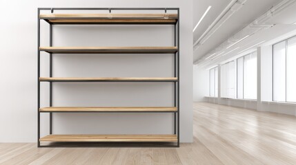 Fototapeta premium Modern Minimalist Bookshelf with Empty Shelves in Bright Contemporary Interior Design Setting, Ideal for Product Display or Content Mockups