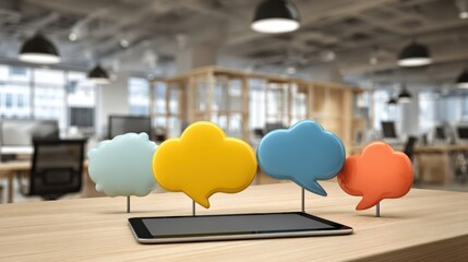Creative Communication Concept: Colorful Speech Bubbles Above Tablet in Modern Open Office