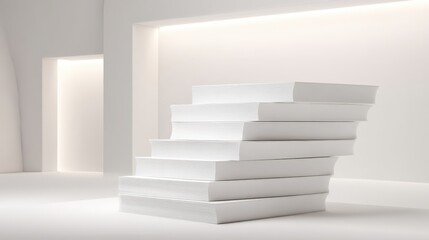 Obraz premium Abstract Staircase in a Minimalist White Interior, Representing Growth, Progression, and Ascending Towards Illuminated Goals