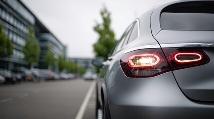 Fototapeta premium Sleek Silver Car Rear View with Illuminated Tail Light, Modern Design, and Automotive Engineering