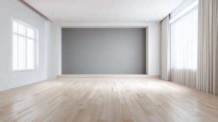 Bright Empty Room with Wooden Floor, Neutral Walls, Window Light and Elegant Curtains