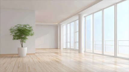 Fototapeta premium Bright Empty Room Interior with Large Windows, Hardwood Flooring, and Minimalist Design Featuring Plant