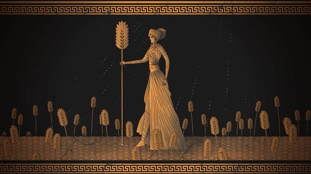 demeter goddess of harvest surrounded by wheat in ancient greek orange and black amphora style