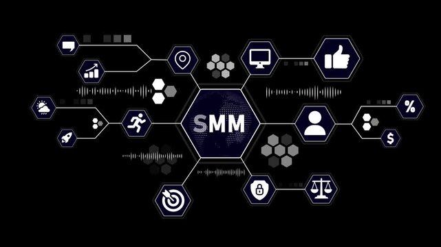 SM social media marketing infographic with icons and network connections on black background business - Powered by Adobe