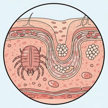 Microscopic view of Demodex mites within a hair follicle on human skin.