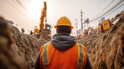 Fototapeta premium Construction Worker Overseeing Site Excavation: Safety Vest, Hard Hat, Trench Work, Heavy Machinery and Infrastructure