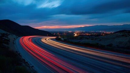 Fototapeta premium Highway at Dusk with Car Light Trails, City Lights, and Mountains in the Background