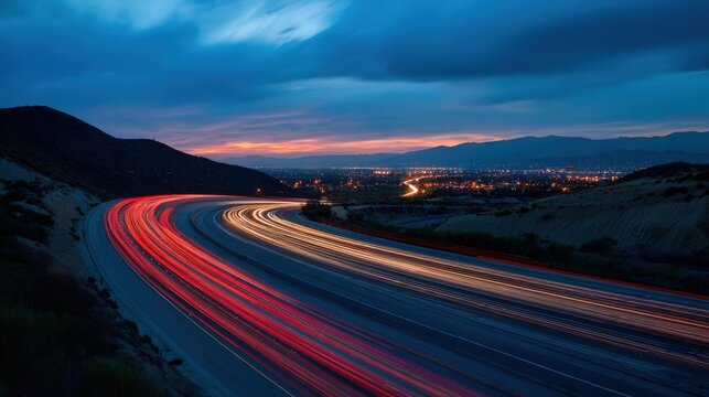 Fototapeta Highway at Dusk with Car Light Trails, City Lights, and Mountains in the Background