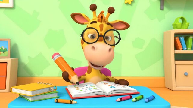 Animated giraffe reading book wearing glasses educational learning concept