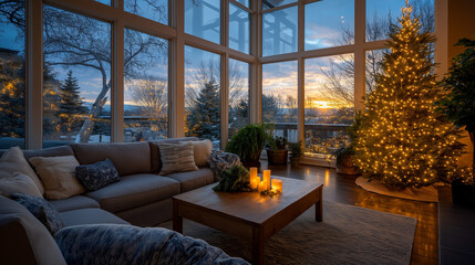 Obraz premium Cozy Christmas Living Room Scene: A warm and inviting living room is illuminated by the soft glow of Christmas tree lights.