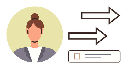 Headset-wearing female agent in a blazer with directional arrows and a task checklist. Ideal for customer support, communication, organization, workflow, service optimization, task management