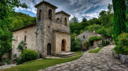 Fototapeta premium Historic Stone Church in Rural Setting with a Picturesque Pathway, Surrounded by Lush Greenery and Serene Ambiance