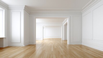 Obraz premium Bright and Spacious Empty Room with Hardwood Flooring, White Walls, and Architectural Details for Interior Design