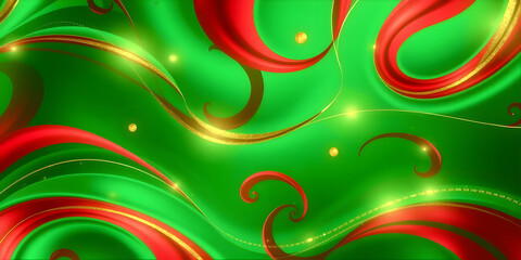 An abstract pattern of emerald green and ruby red swirls with golden accents, smooth gradient texture, shimmering holiday glow, modern Christmas design.