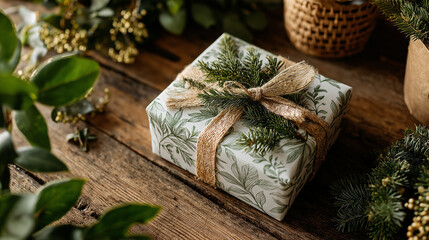 Gift of Nature's Elegance: A beautifully wrapped gift adorned with natural elements rests on a rustic wooden surface, exuding a sense of charm and thoughtful giving.