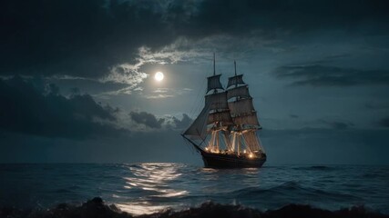 A majestic ship sails on the dark sea under a moonlit sky with dramatic clouds