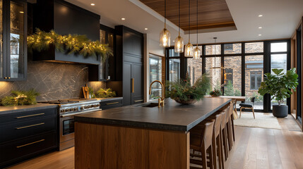 Elegant Kitchen Design: A luxurious modern kitchen with sleek black cabinets and a spacious wooden island exudes sophistication.