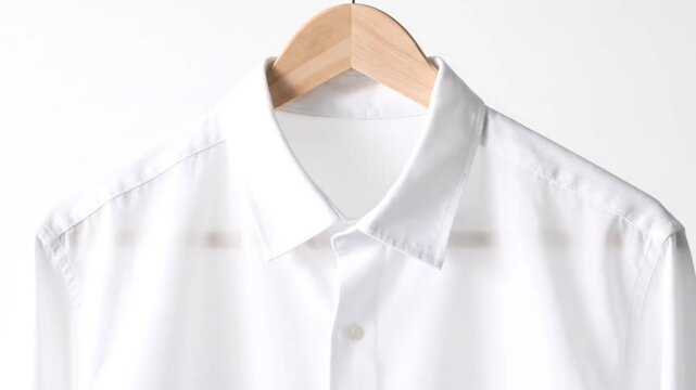 Crisp white dress shirt on a wooden hanger against a clean background