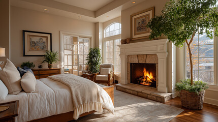 Cozy Bedroom with Fireplace: A tranquil bedroom scene showcasing a crackling fireplace, casting a warm glow, and an inviting bed set against the backdrop of an airy, sunlit space. 
