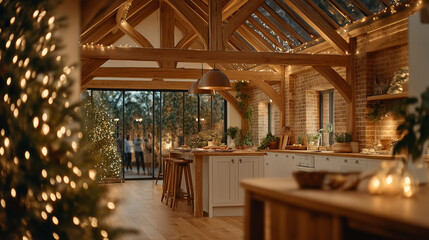 Warmth of the Gathering: A cozy and inviting kitchen bathed in the warm glow of festive lights, ready for the seasonal moments of togetherness and cheer.