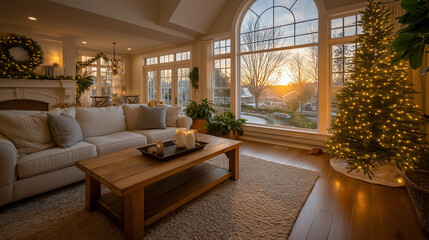 Cozy Christmas Interior Scene: A beautifully decorated living room at Christmas. Warm tones from the setting sun and artificial light and a large Christmas tree add to the cozy atmosphere.