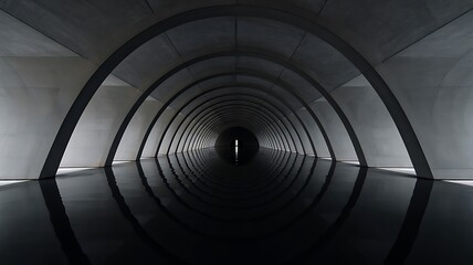 Modern concrete tunnel with symmetrical arches and reflection in dark water
