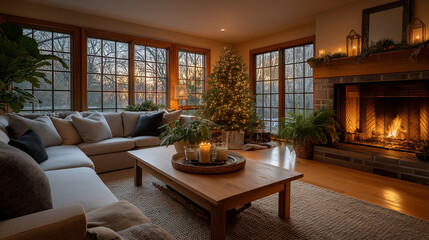 Warm Holiday Home: The interior of a cozy, inviting home, transformed by festive decorations, with a Christmas tree sparkling with lights, a crackling fireplace, and comfortable seating arrangements.