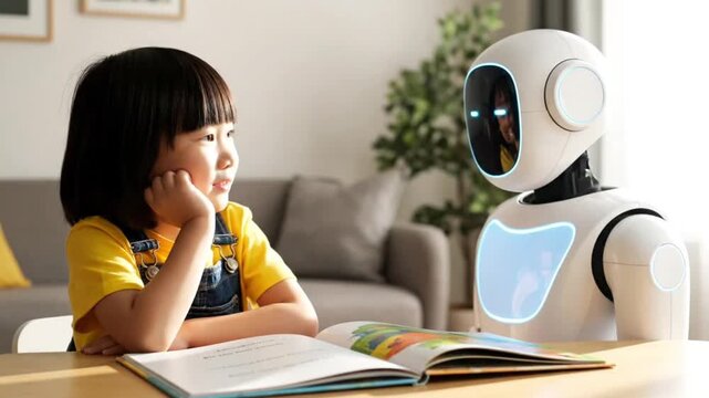Young Asian girl with bob hair cut studies with a white humanoid robot at a wooden table.