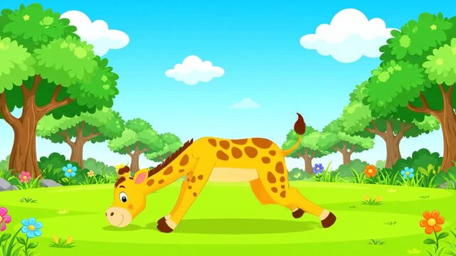Cartoon giraffe balancing in a green meadow with trees and flowers