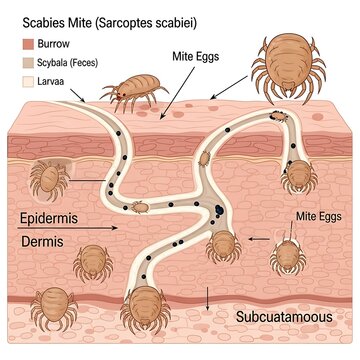 Scabies Mite Infestation - A Detailed Look at Skin Burrows and Eggs.