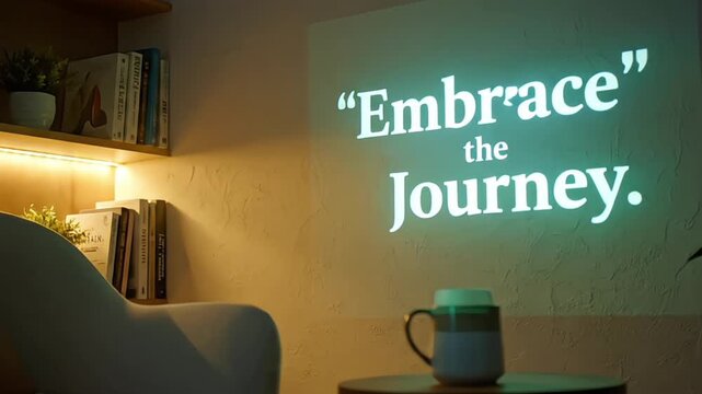 Inspirational quote "Embrace the Journey" projected on a wall in a cozy reading space.