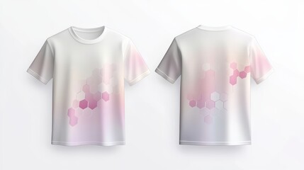 a t-shirt mockup with a clean, modern abstract design, using hexagonal shapes and soft pastel gradients, creating a serene and calming visual effect, on a white background