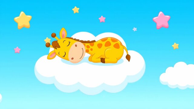 Cartoon giraffe sleeping on a cloud against a blue sky background