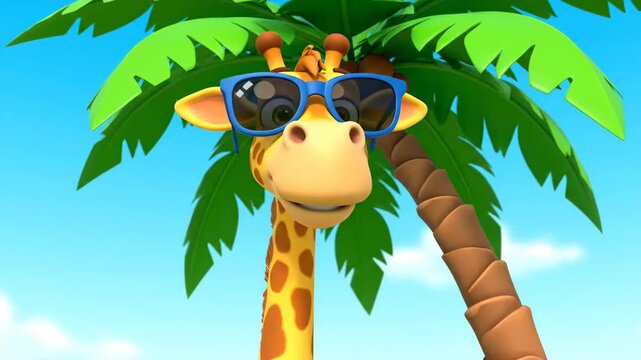 Cartoon giraffe wearing sunglasses under palm tree against blue sky