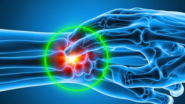 Hand bones with red inflammation and green circle on blue background medical illustration view