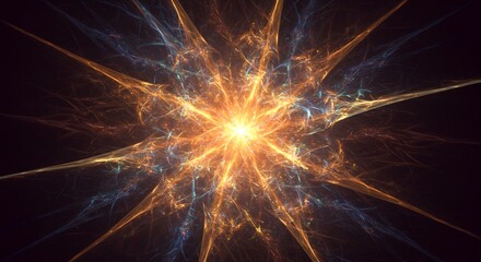 Vibrant fractal energy burst radiating bright orange and blue light creating a dazzling abstract cosmic aesthetic. AI Generated