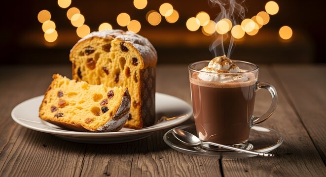 Panettone cake and hot chocolate christmas holiday treat