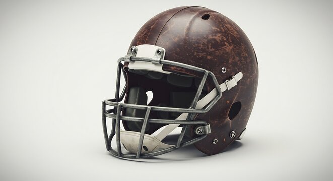 Distressed brown football helmet beautifully lit by soft studio light on a clean white backdrop. AI Generated