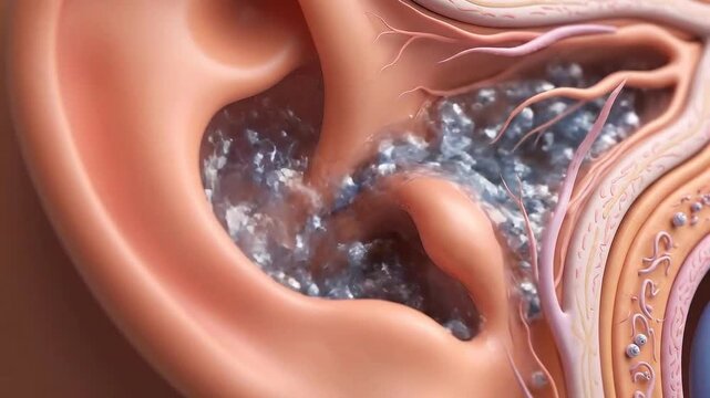Close-Up Animation of Human Ear Anatomy and Physiology Medical Visualization Displaying Detailed Inner Ear Structures And Ear Wax