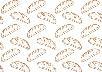 Seamless doodle pattern featuring hand-drawn bread loaves in a simple brown and white style. Perfect for bakery packaging, cafe branding, kitchen textiles, or food-themed backgrounds.