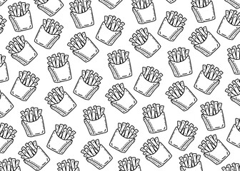 Seamless pattern of hand-drawn french fries in paper boxes on a white background. Fun and playful design perfect for fast food branding, restaurant packaging, or cheerful food illustrations.