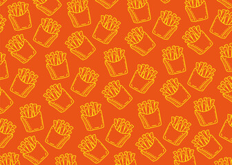 Seamless pattern of hand-drawn french fries in paper boxes on a red background. Fun and playful design perfect for fast food branding, restaurant packaging, or cheerful food illustrations.