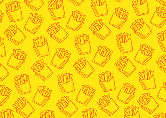 Seamless pattern of hand-drawn french fries in paper boxes on a bright yellow background. Fun and playful design perfect for fast food branding, restaurant packaging, or cheerful food illustrations.